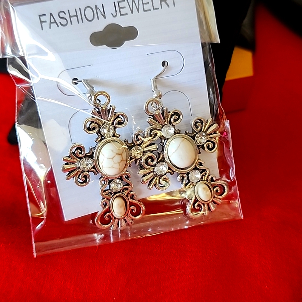 Silver And White Stone Earrings